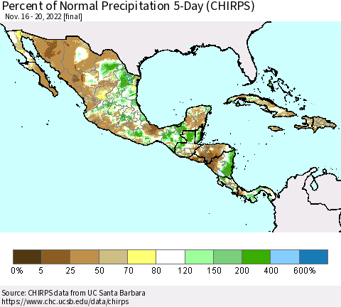 Mexico Central America and the Caribbean Percent of Normal Precipitation 5-Day (CHIRPS) Thematic Map For 11/16/2022 - 11/20/2022