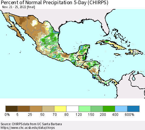 Mexico Central America and the Caribbean Percent of Normal Precipitation 5-Day (CHIRPS) Thematic Map For 11/21/2022 - 11/25/2022