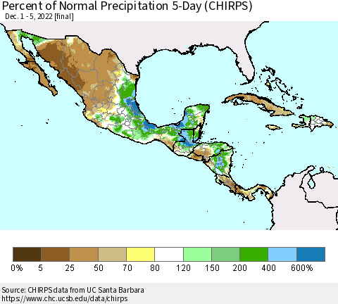 Mexico Central America and the Caribbean Percent of Normal Precipitation 5-Day (CHIRPS) Thematic Map For 12/1/2022 - 12/5/2022