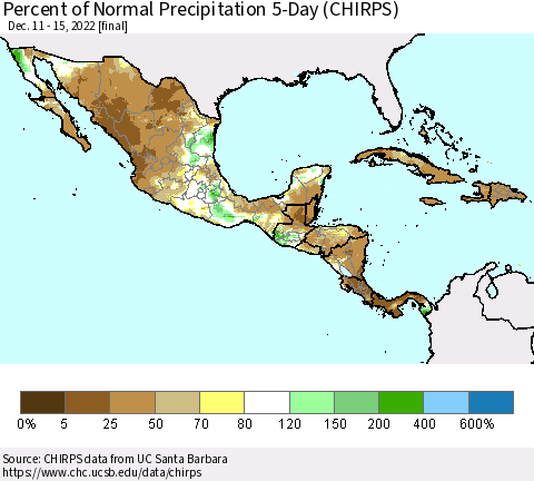 Mexico Central America and the Caribbean Percent of Normal Precipitation 5-Day (CHIRPS) Thematic Map For 12/11/2022 - 12/15/2022