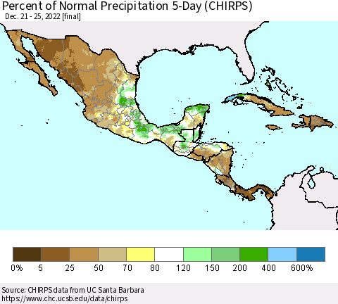 Mexico Central America and the Caribbean Percent of Normal Precipitation 5-Day (CHIRPS) Thematic Map For 12/21/2022 - 12/25/2022