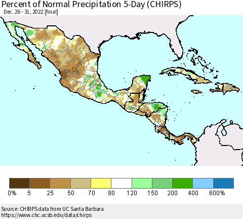 Mexico Central America and the Caribbean Percent of Normal Precipitation 5-Day (CHIRPS) Thematic Map For 12/26/2022 - 12/31/2022