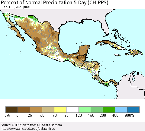 Mexico Central America and the Caribbean Percent of Normal Precipitation 5-Day (CHIRPS) Thematic Map For 1/1/2023 - 1/5/2023