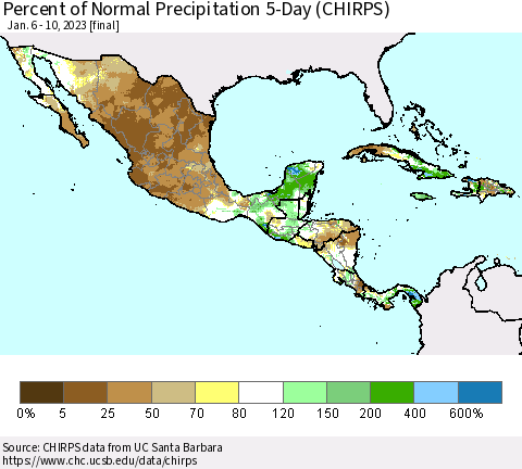 Mexico Central America and the Caribbean Percent of Normal Precipitation 5-Day (CHIRPS) Thematic Map For 1/6/2023 - 1/10/2023