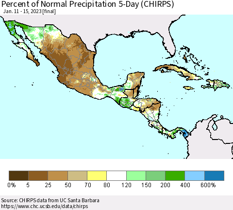Mexico Central America and the Caribbean Percent of Normal Precipitation 5-Day (CHIRPS) Thematic Map For 1/11/2023 - 1/15/2023