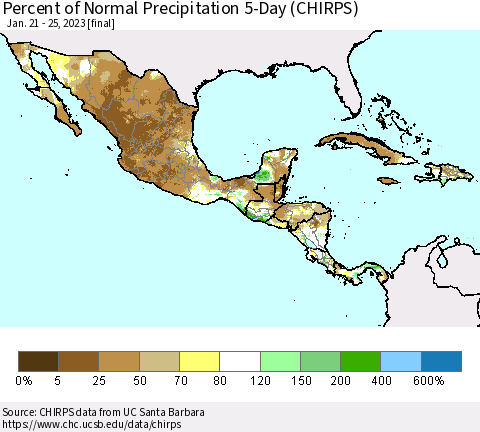 Mexico Central America and the Caribbean Percent of Normal Precipitation 5-Day (CHIRPS) Thematic Map For 1/21/2023 - 1/25/2023