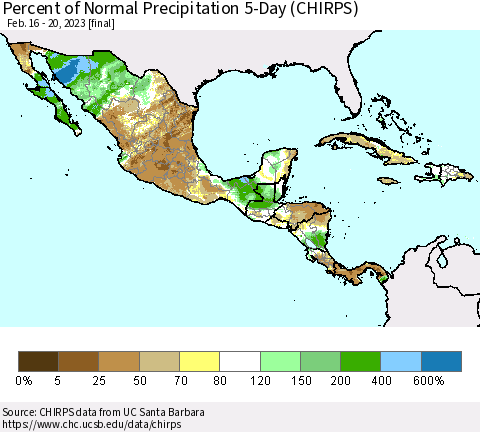 Mexico Central America and the Caribbean Percent of Normal Precipitation 5-Day (CHIRPS) Thematic Map For 2/16/2023 - 2/20/2023