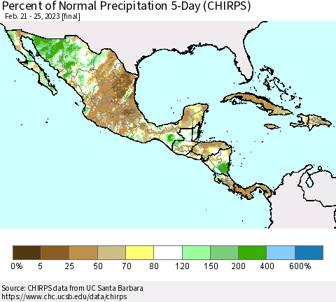 Mexico Central America and the Caribbean Percent of Normal Precipitation 5-Day (CHIRPS) Thematic Map For 2/21/2023 - 2/25/2023
