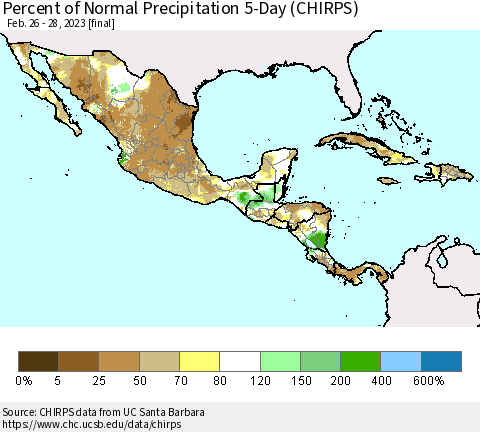 Mexico Central America and the Caribbean Percent of Normal Precipitation 5-Day (CHIRPS) Thematic Map For 2/26/2023 - 2/28/2023