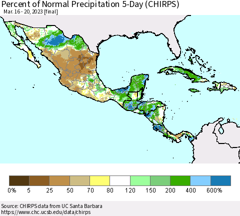 Mexico Central America and the Caribbean Percent of Normal Precipitation 5-Day (CHIRPS) Thematic Map For 3/16/2023 - 3/20/2023