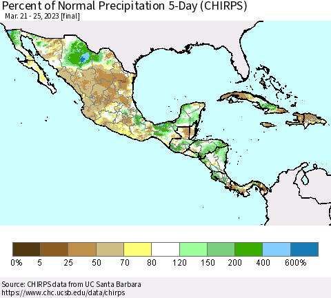 Mexico Central America and the Caribbean Percent of Normal Precipitation 5-Day (CHIRPS) Thematic Map For 3/21/2023 - 3/25/2023