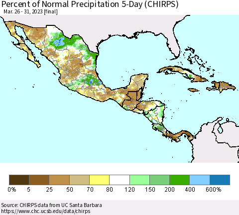 Mexico Central America and the Caribbean Percent of Normal Precipitation 5-Day (CHIRPS) Thematic Map For 3/26/2023 - 3/31/2023