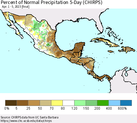 Mexico Central America and the Caribbean Percent of Normal Precipitation 5-Day (CHIRPS) Thematic Map For 4/1/2023 - 4/5/2023