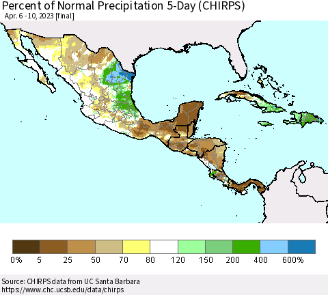 Mexico Central America and the Caribbean Percent of Normal Precipitation 5-Day (CHIRPS) Thematic Map For 4/6/2023 - 4/10/2023