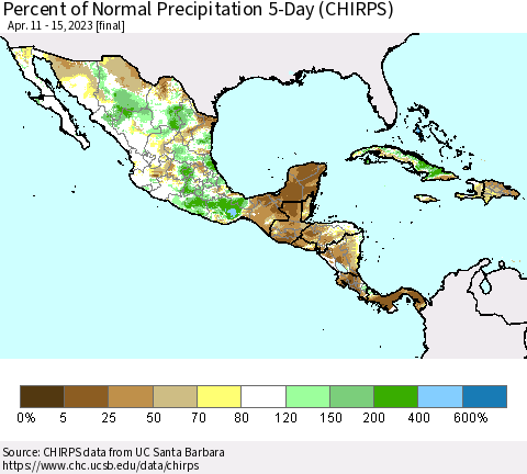 Mexico Central America and the Caribbean Percent of Normal Precipitation 5-Day (CHIRPS) Thematic Map For 4/11/2023 - 4/15/2023