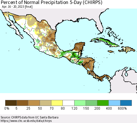 Mexico Central America and the Caribbean Percent of Normal Precipitation 5-Day (CHIRPS) Thematic Map For 4/16/2023 - 4/20/2023