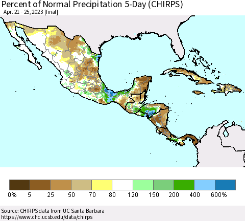 Mexico Central America and the Caribbean Percent of Normal Precipitation 5-Day (CHIRPS) Thematic Map For 4/21/2023 - 4/25/2023