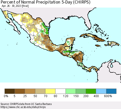 Mexico Central America and the Caribbean Percent of Normal Precipitation 5-Day (CHIRPS) Thematic Map For 4/26/2023 - 4/30/2023