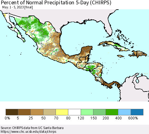 Mexico Central America and the Caribbean Percent of Normal Precipitation 5-Day (CHIRPS) Thematic Map For 5/1/2023 - 5/5/2023