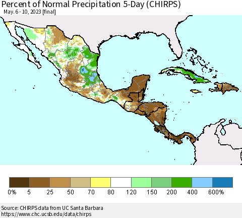 Mexico Central America and the Caribbean Percent of Normal Precipitation 5-Day (CHIRPS) Thematic Map For 5/6/2023 - 5/10/2023