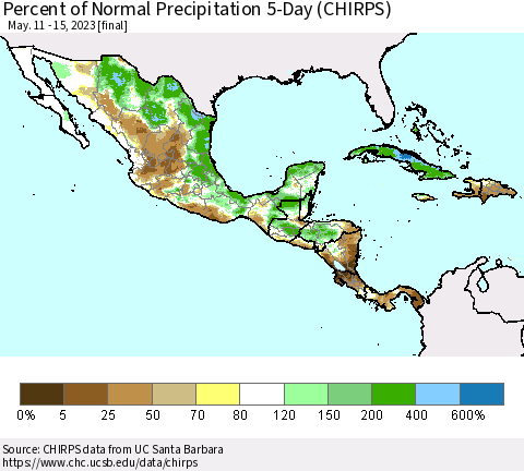 Mexico Central America and the Caribbean Percent of Normal Precipitation 5-Day (CHIRPS) Thematic Map For 5/11/2023 - 5/15/2023