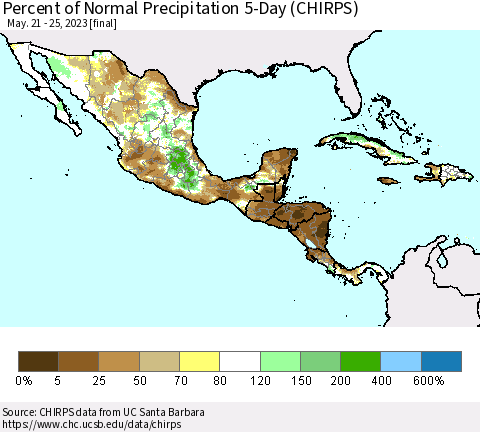 Mexico Central America and the Caribbean Percent of Normal Precipitation 5-Day (CHIRPS) Thematic Map For 5/21/2023 - 5/25/2023
