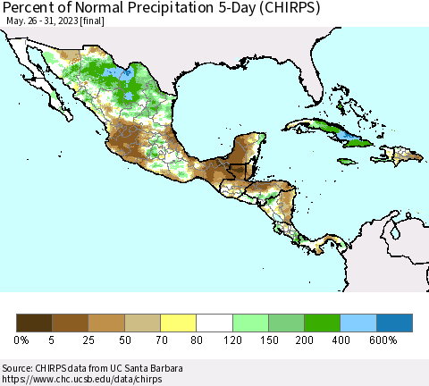 Mexico Central America and the Caribbean Percent of Normal Precipitation 5-Day (CHIRPS) Thematic Map For 5/26/2023 - 5/31/2023