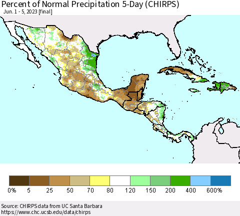 Mexico Central America and the Caribbean Percent of Normal Precipitation 5-Day (CHIRPS) Thematic Map For 6/1/2023 - 6/5/2023