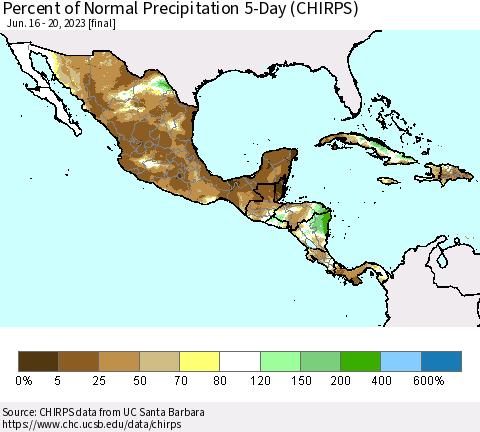Mexico Central America and the Caribbean Percent of Normal Precipitation 5-Day (CHIRPS) Thematic Map For 6/16/2023 - 6/20/2023
