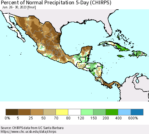 Mexico Central America and the Caribbean Percent of Normal Precipitation 5-Day (CHIRPS) Thematic Map For 6/26/2023 - 6/30/2023