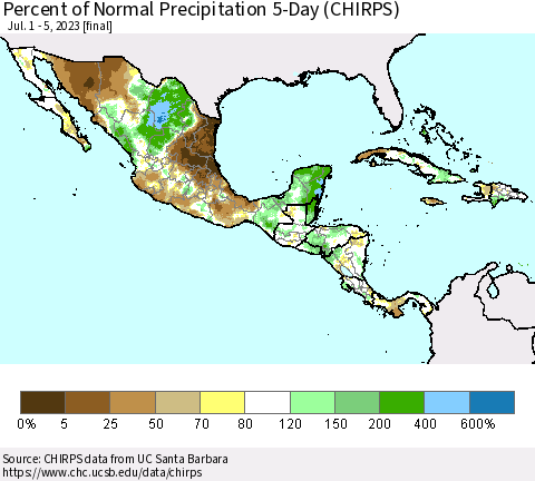 Mexico Central America and the Caribbean Percent of Normal Precipitation 5-Day (CHIRPS) Thematic Map For 7/1/2023 - 7/5/2023