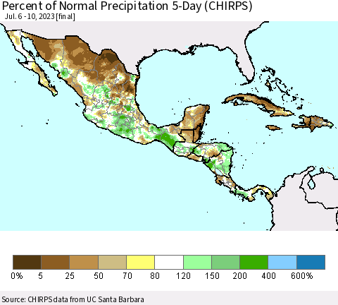 Mexico Central America and the Caribbean Percent of Normal Precipitation 5-Day (CHIRPS) Thematic Map For 7/6/2023 - 7/10/2023