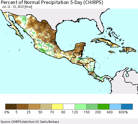 Mexico Central America and the Caribbean Percent of Normal Precipitation 5-Day (CHIRPS) Thematic Map For 7/11/2023 - 7/15/2023