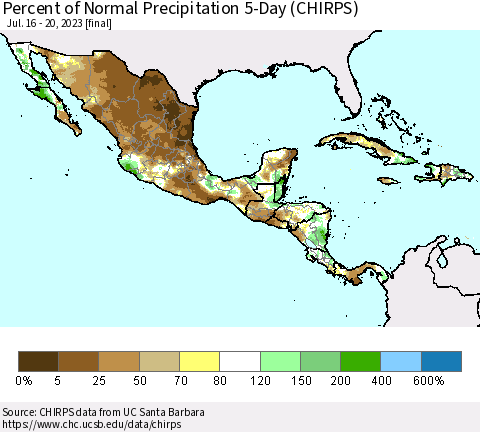 Mexico Central America and the Caribbean Percent of Normal Precipitation 5-Day (CHIRPS) Thematic Map For 7/16/2023 - 7/20/2023