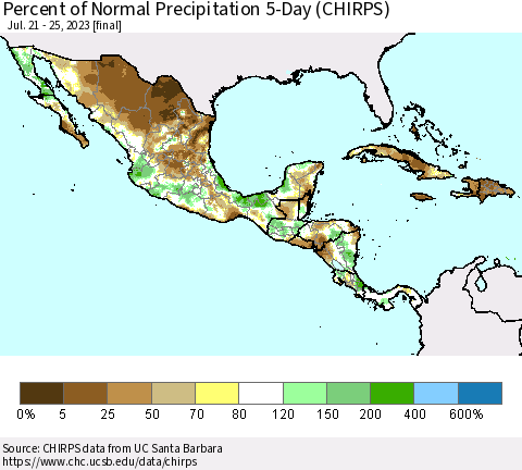 Mexico Central America and the Caribbean Percent of Normal Precipitation 5-Day (CHIRPS) Thematic Map For 7/21/2023 - 7/25/2023