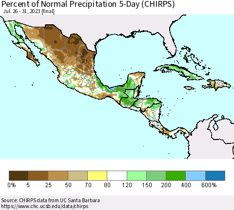 Mexico Central America and the Caribbean Percent of Normal Precipitation 5-Day (CHIRPS) Thematic Map For 7/26/2023 - 7/31/2023