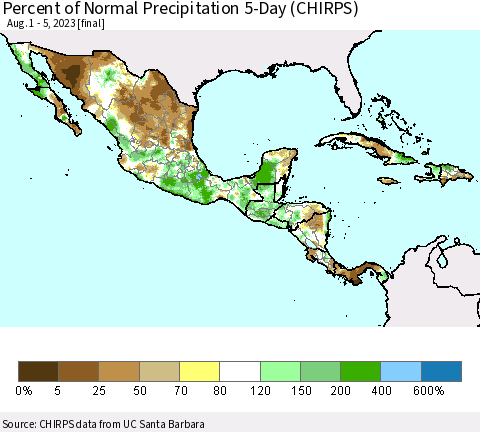Mexico Central America and the Caribbean Percent of Normal Precipitation 5-Day (CHIRPS) Thematic Map For 8/1/2023 - 8/5/2023