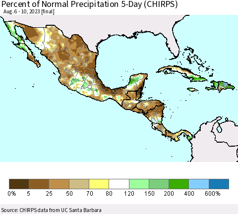 Mexico Central America and the Caribbean Percent of Normal Precipitation 5-Day (CHIRPS) Thematic Map For 8/6/2023 - 8/10/2023