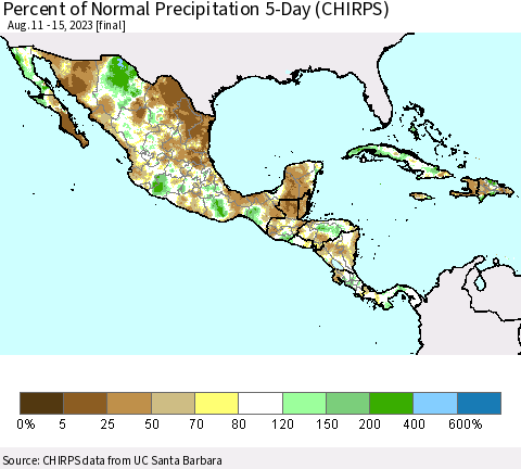 Mexico Central America and the Caribbean Percent of Normal Precipitation 5-Day (CHIRPS) Thematic Map For 8/11/2023 - 8/15/2023
