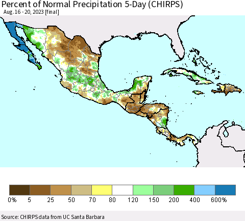 Mexico Central America and the Caribbean Percent of Normal Precipitation 5-Day (CHIRPS) Thematic Map For 8/16/2023 - 8/20/2023