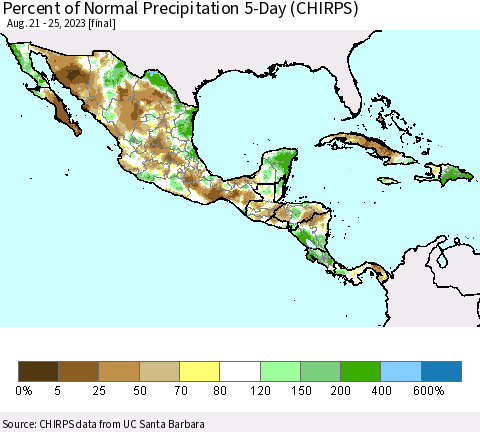Mexico Central America and the Caribbean Percent of Normal Precipitation 5-Day (CHIRPS) Thematic Map For 8/21/2023 - 8/25/2023