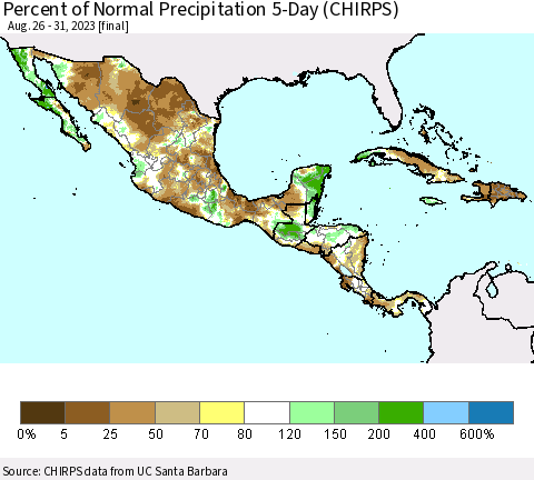 Mexico Central America and the Caribbean Percent of Normal Precipitation 5-Day (CHIRPS) Thematic Map For 8/26/2023 - 8/31/2023