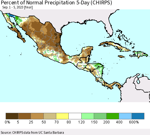Mexico Central America and the Caribbean Percent of Normal Precipitation 5-Day (CHIRPS) Thematic Map For 9/1/2023 - 9/5/2023