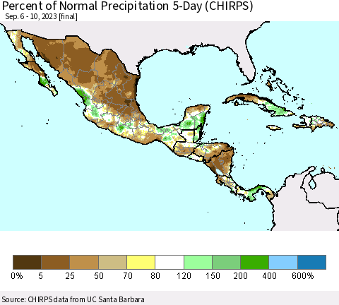 Mexico Central America and the Caribbean Percent of Normal Precipitation 5-Day (CHIRPS) Thematic Map For 9/6/2023 - 9/10/2023