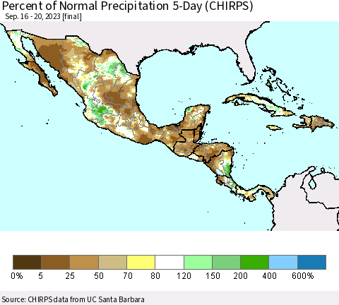 Mexico Central America and the Caribbean Percent of Normal Precipitation 5-Day (CHIRPS) Thematic Map For 9/16/2023 - 9/20/2023