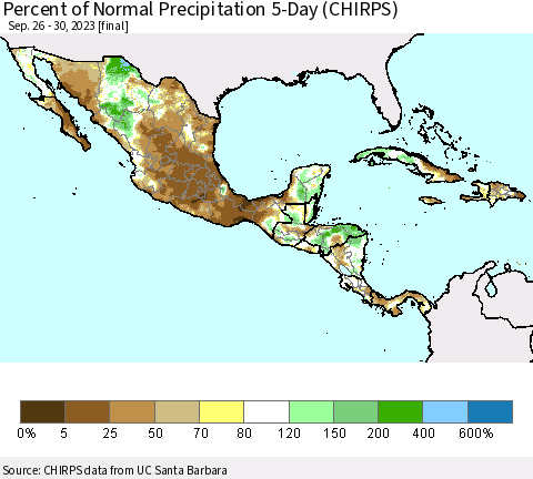 Mexico Central America and the Caribbean Percent of Normal Precipitation 5-Day (CHIRPS) Thematic Map For 9/26/2023 - 9/30/2023