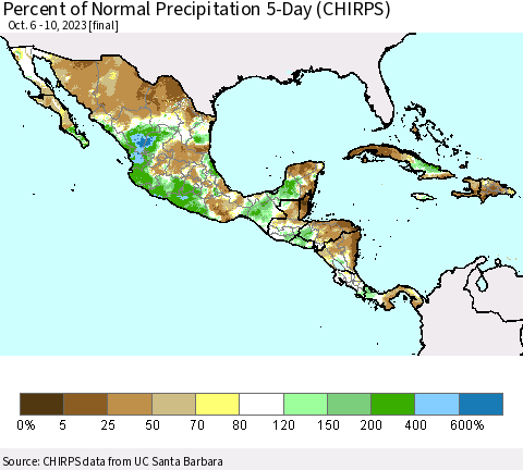 Mexico Central America and the Caribbean Percent of Normal Precipitation 5-Day (CHIRPS) Thematic Map For 10/6/2023 - 10/10/2023