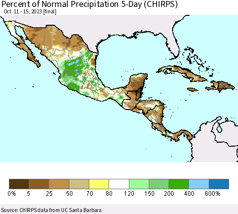 Mexico Central America and the Caribbean Percent of Normal Precipitation 5-Day (CHIRPS) Thematic Map For 10/11/2023 - 10/15/2023