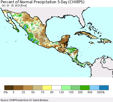 Mexico Central America and the Caribbean Percent of Normal Precipitation 5-Day (CHIRPS) Thematic Map For 10/16/2023 - 10/20/2023