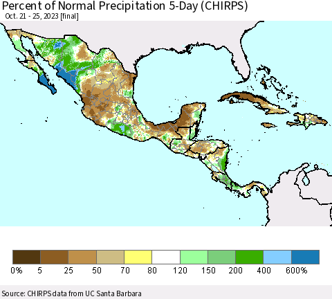 Mexico Central America and the Caribbean Percent of Normal Precipitation 5-Day (CHIRPS) Thematic Map For 10/21/2023 - 10/25/2023